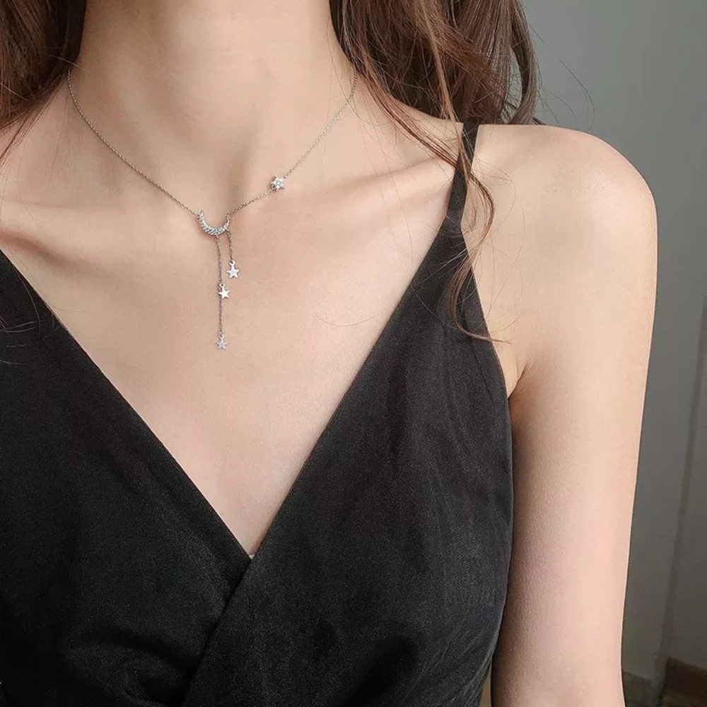 New 925 Silver Moon & Stars Diamond Necklace - Picture 3 of 3